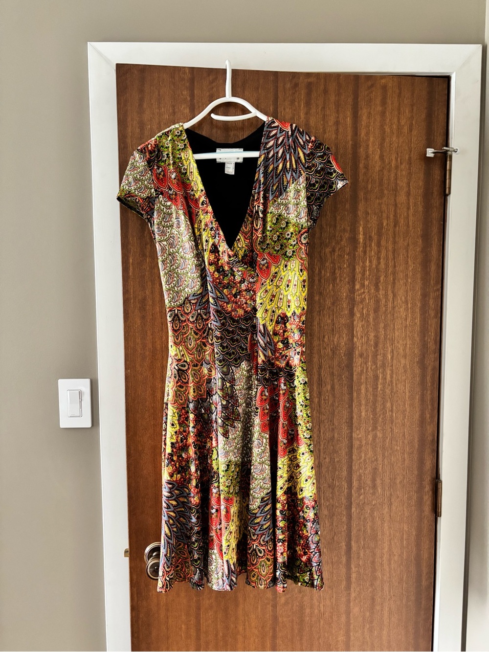 Joseph Ribkoff Multi-Color Paisley V-Neck Cap Sleeve Dress